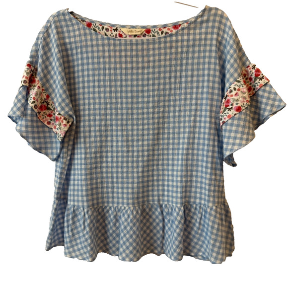 Matilda Jane Women's L Cottagecore Gingham Floral Flutter Sleeve Blouse Boho - Picture 1 of 9